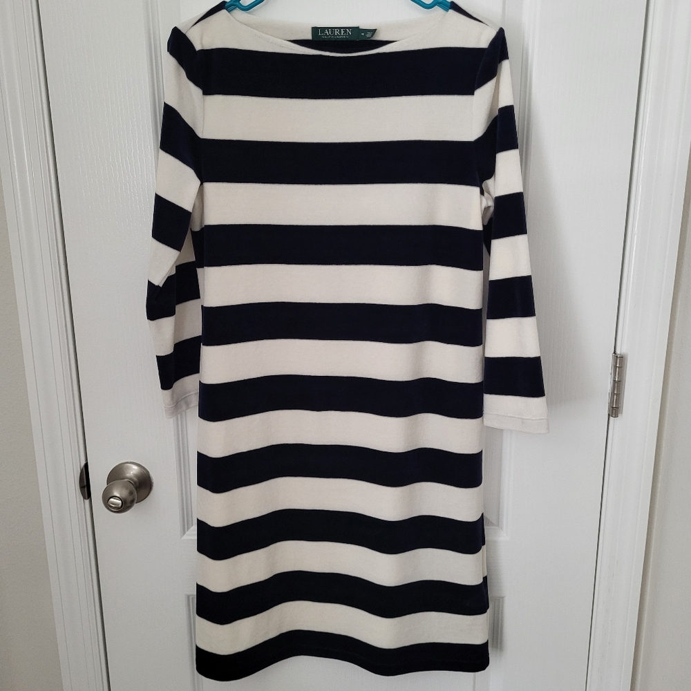 Polo Ralph Lauren Velvet Dress Striped Blue white Size M 3/4 sleeves